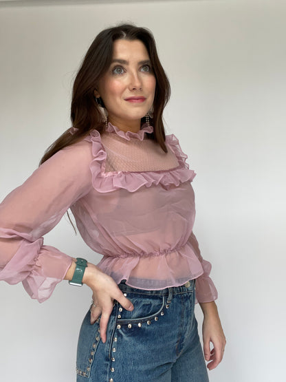 Pink Sheer Ruffle Collar Organza Top - Size XS