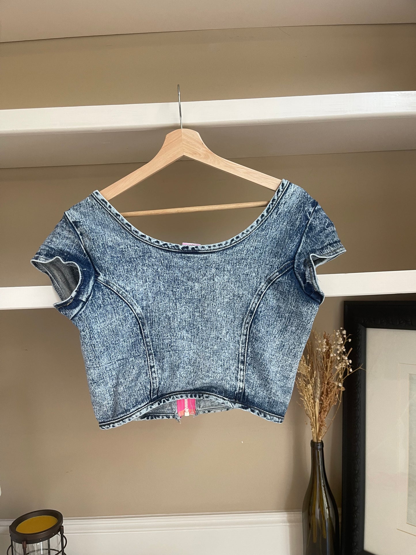 Lightening Bolt 80’s Denim Zipper Crop Top - Size Small