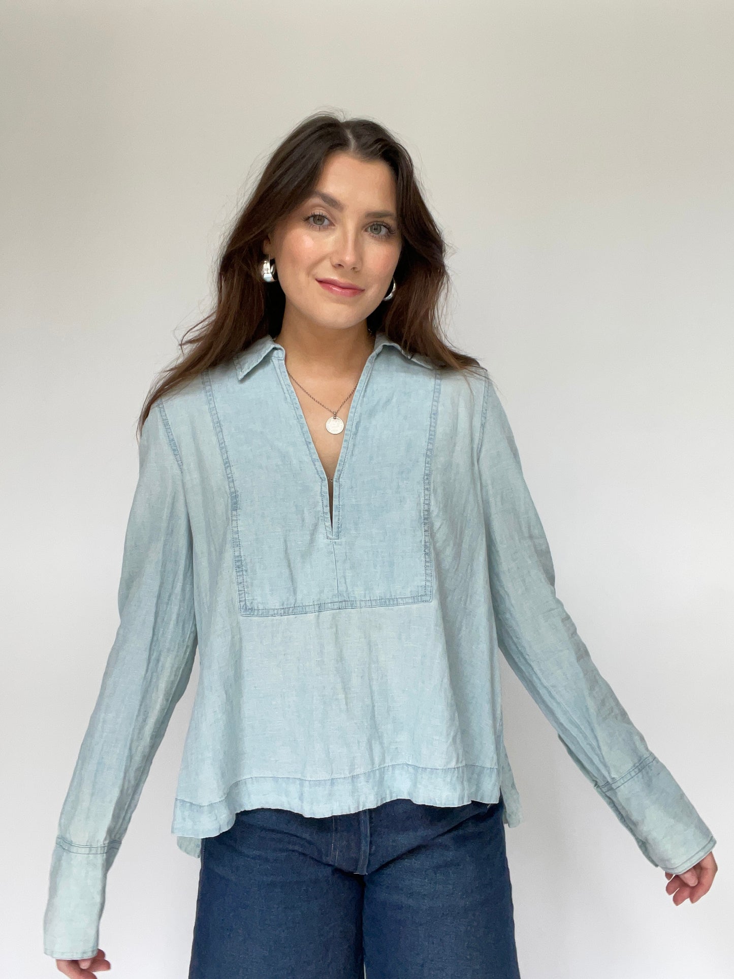 Free People Denim Deep V-Neck Long Sleeve Top - Size Medium