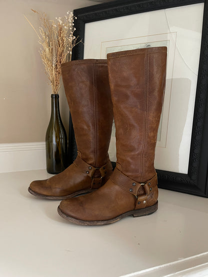 Frye Cognac Brown Phillip Harness Tall Boots - Size 6.5