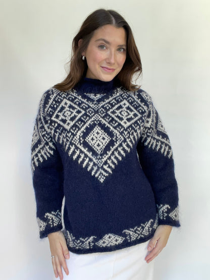 Squaw Valley Navy Mockneck Wool Fair Isle Sweater - Size Medium