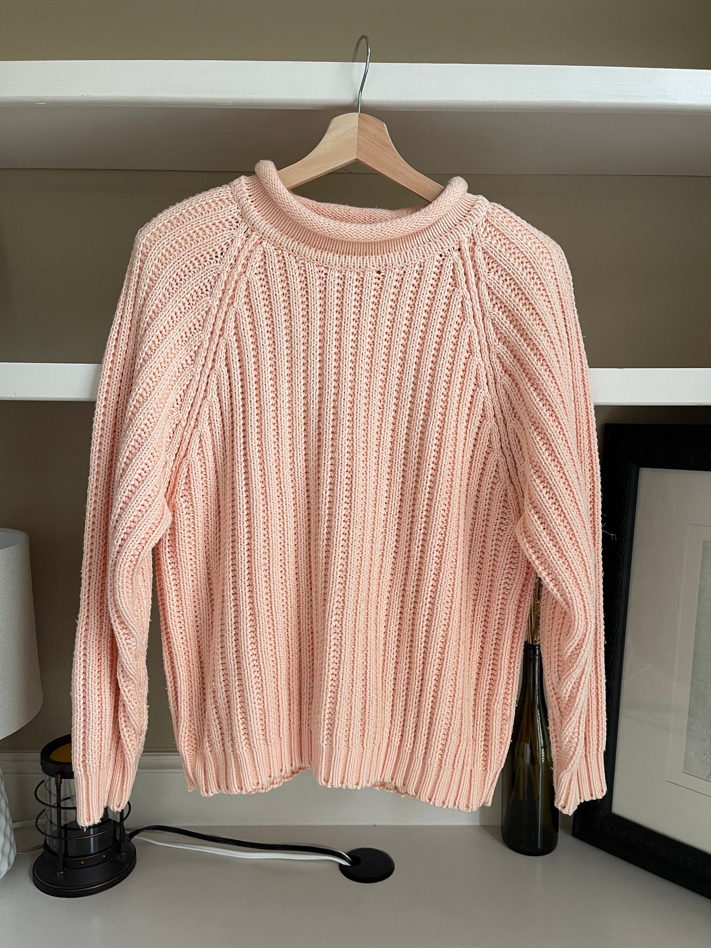 Vintage Rolled Collar Crewneck Sweater - Size Large, Light Pink