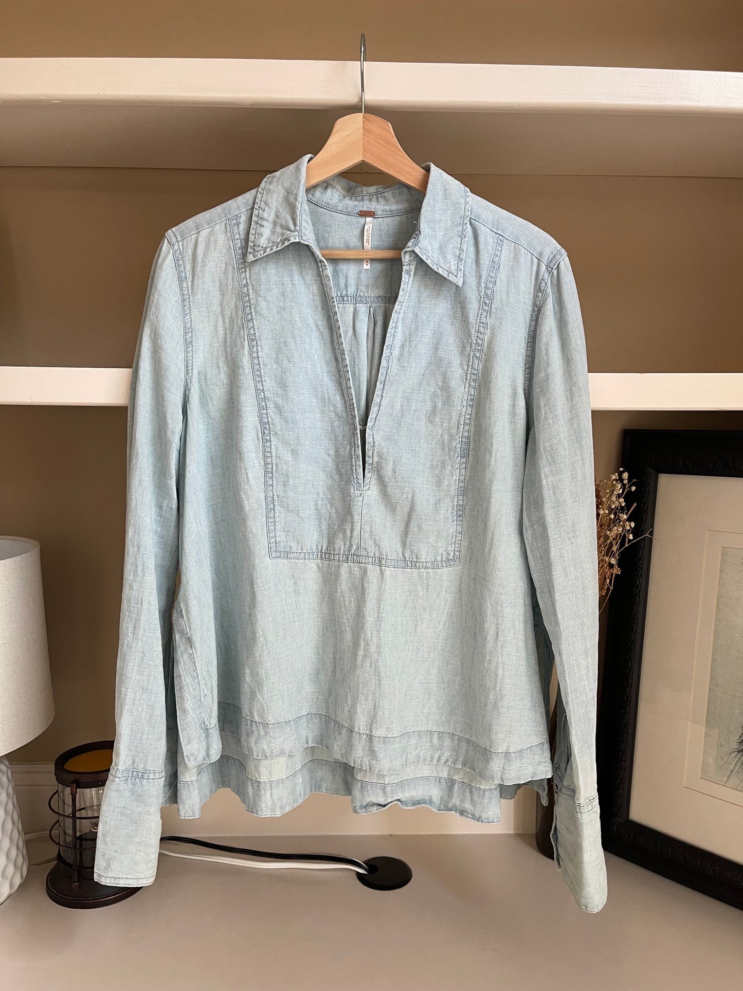 Free People Denim Deep V-Neck Long Sleeve Top - Size Medium