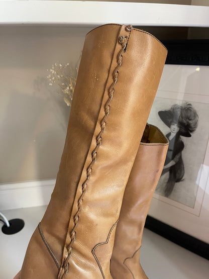 Vintage Tall Tan Leather Boots - Size 7.5