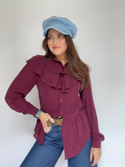 Vintage Maroon Ruffle Front Blouse