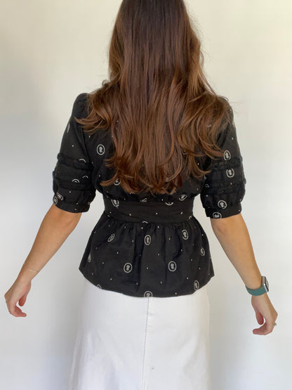 Lithe Black Embroidered Puff Sleeve Tie Blouse - Size Small