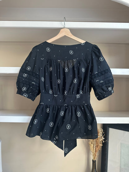 Lithe Black Embroidered Puff Sleeve Tie Blouse - Size Small