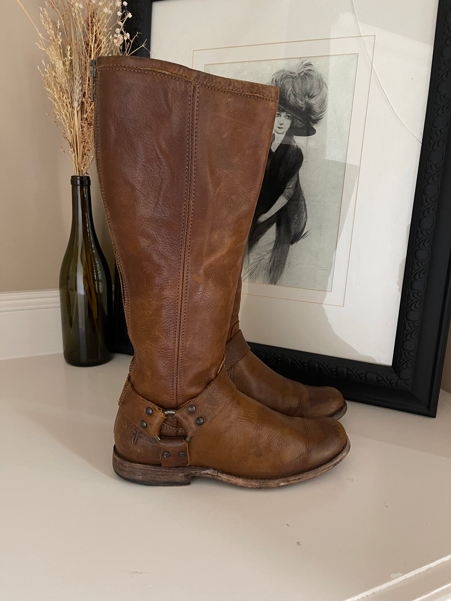 Frye Cognac Brown Phillip Harness Tall Boots - Size 6.5