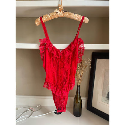 Vintage Delicates Red Lingerie Ruffle Bodysuit