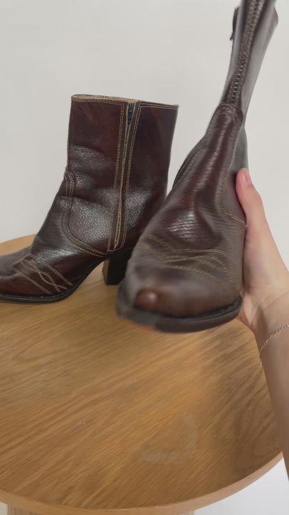 Vintage Brown Leather Western Heeled Booties - Size 7 Women's