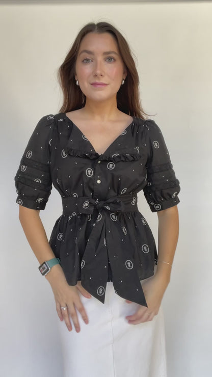 Lithe Black Embroidered Puff Sleeve Tie Blouse - Size Small