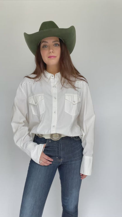 White Rhinestone Bedazzled Western Pearl Snap Button Down