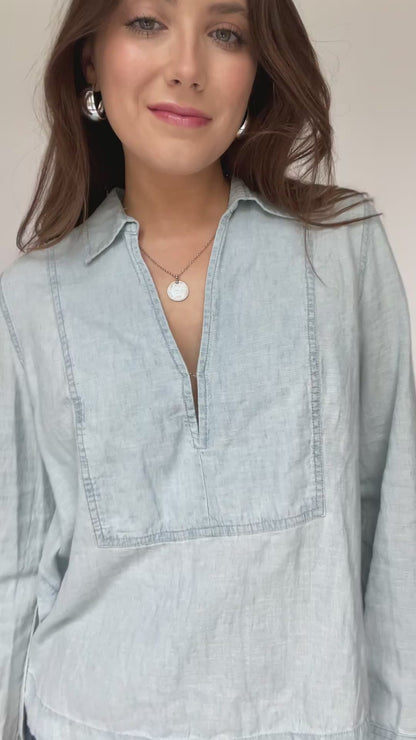 Free People Denim Deep V-Neck Long Sleeve Top - Size Medium