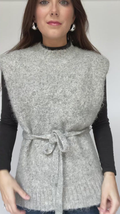 Gray Sweater Vest with Waist Tie