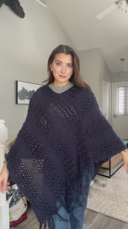 Navy Blue Riah Fashion Fringe Poncho