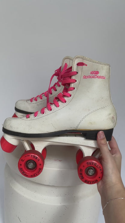 Vintage RollerDerby Pink and White Rollerskates - Size 7