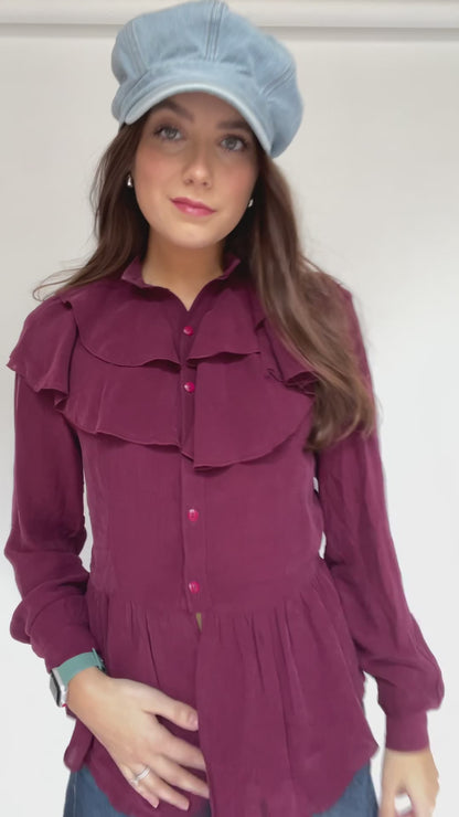 Vintage Maroon Ruffle Front Blouse