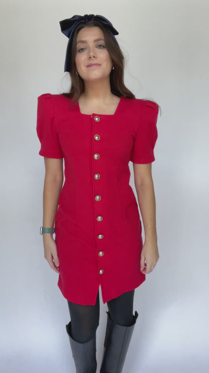 All that Jazz Vintage Red Mini Dress Gold Buttons - Size Medium